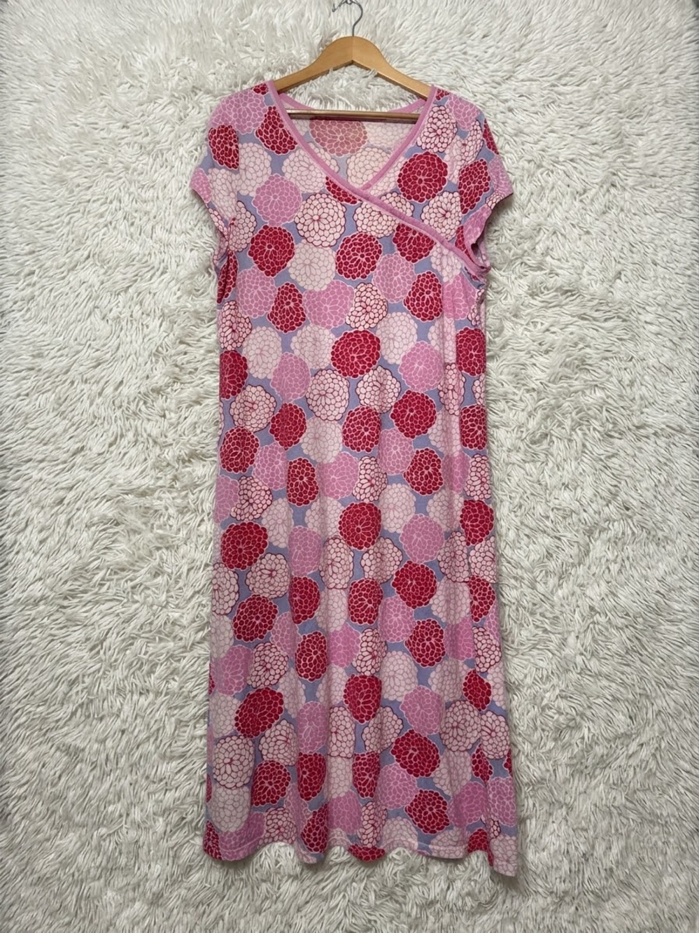 Garnet Hill Asian Wrap Organic Cotton A-Line Night Gown Midi Pink Zinnia XL